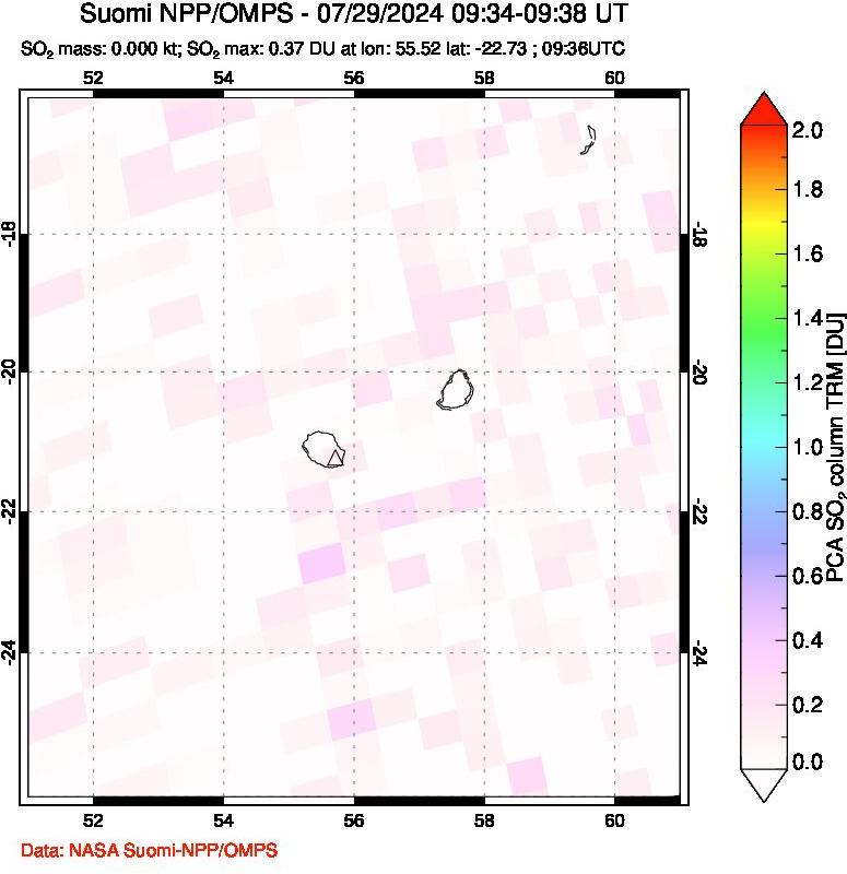 A sulfur dioxide image over Reunion Island, Indian Ocean on Jul 29, 2024.