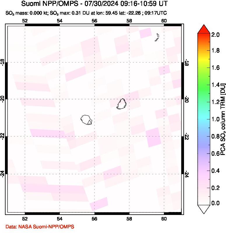 A sulfur dioxide image over Reunion Island, Indian Ocean on Jul 30, 2024.