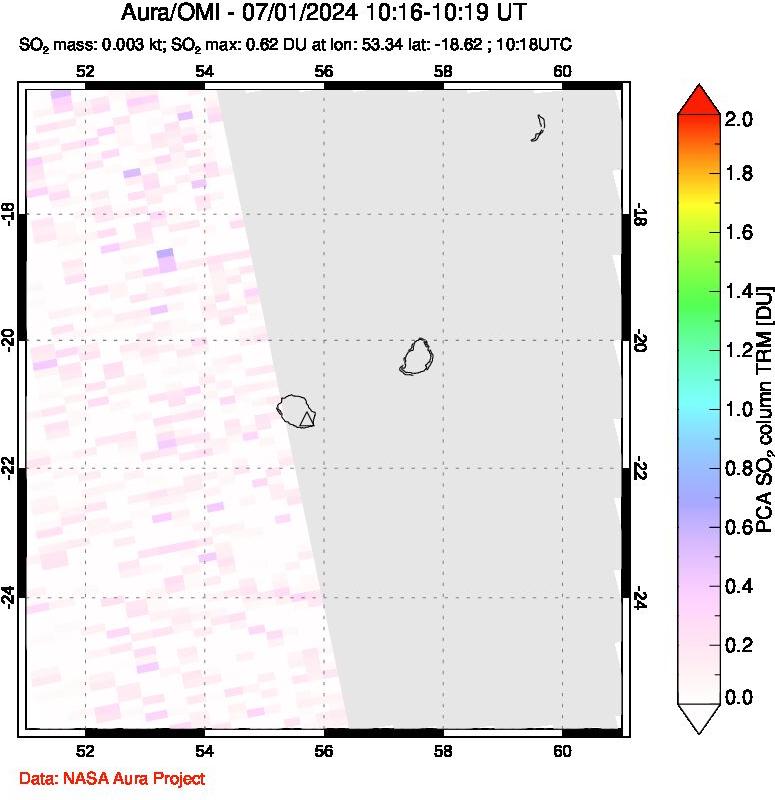 A sulfur dioxide image over Reunion Island, Indian Ocean on Jul 01, 2024.