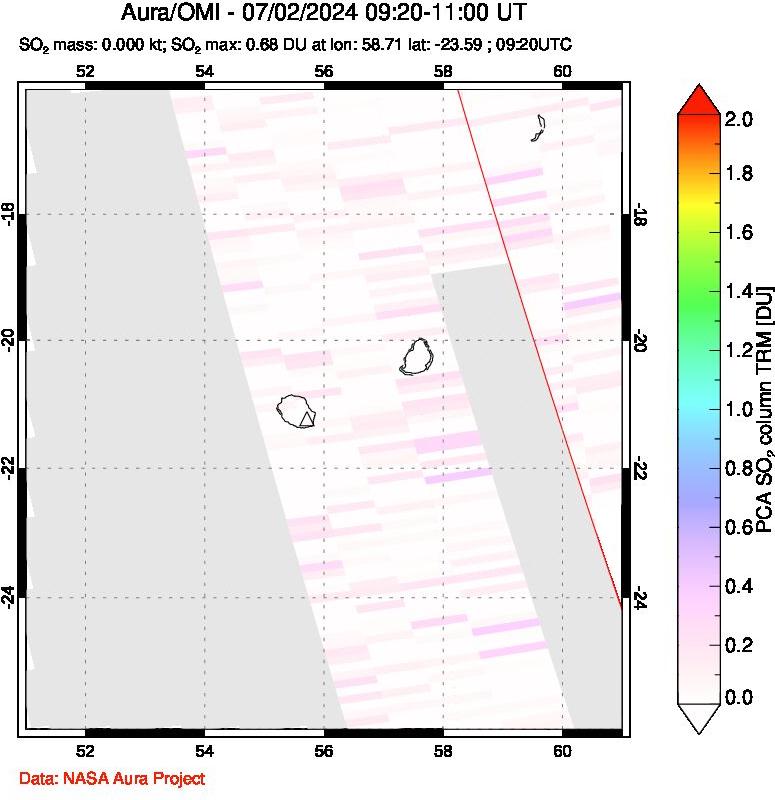 A sulfur dioxide image over Reunion Island, Indian Ocean on Jul 02, 2024.