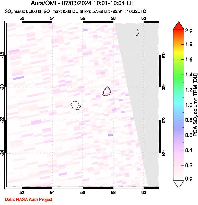 A sulfur dioxide image over Reunion Island, Indian Ocean on Jul 03, 2024.