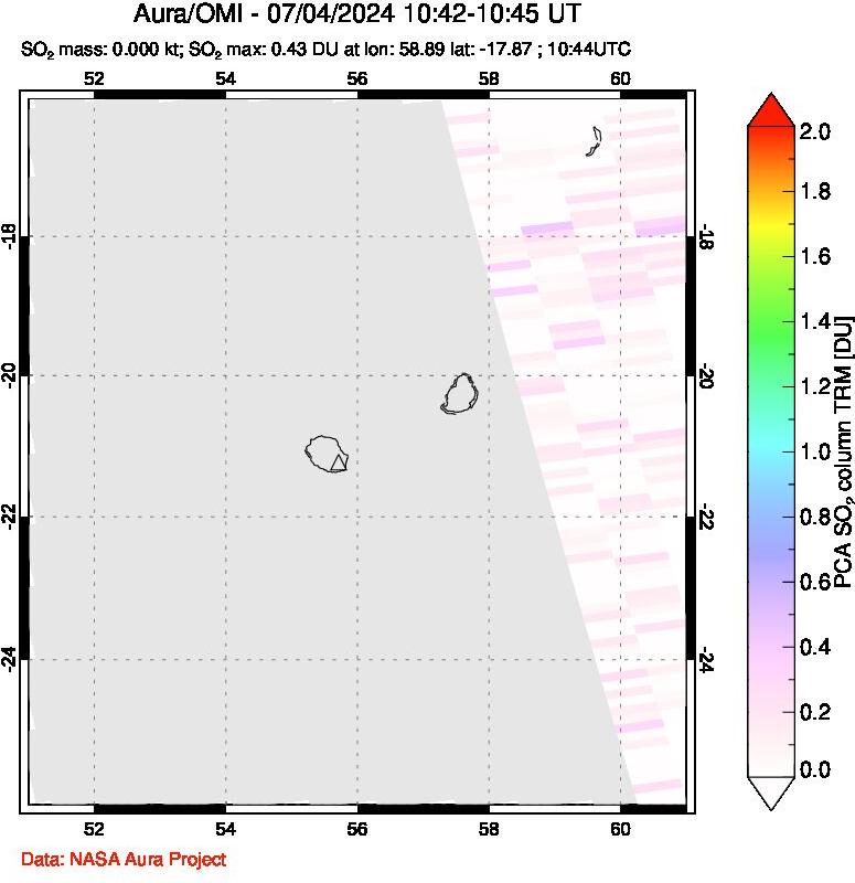 A sulfur dioxide image over Reunion Island, Indian Ocean on Jul 04, 2024.