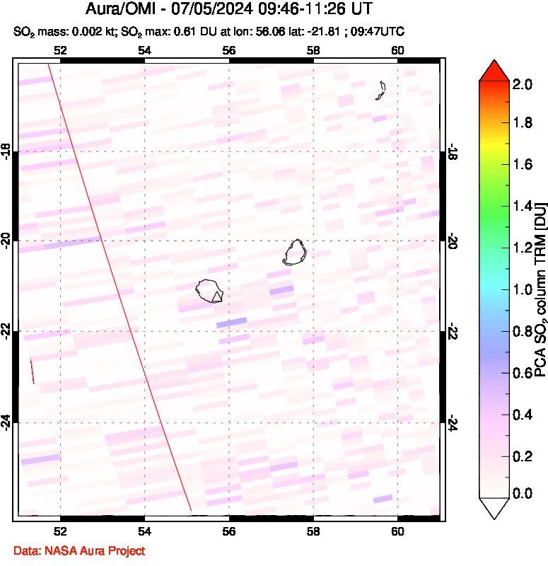 A sulfur dioxide image over Reunion Island, Indian Ocean on Jul 05, 2024.