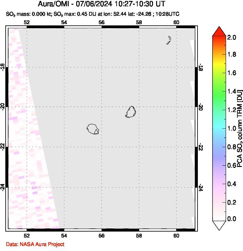 A sulfur dioxide image over Reunion Island, Indian Ocean on Jul 06, 2024.