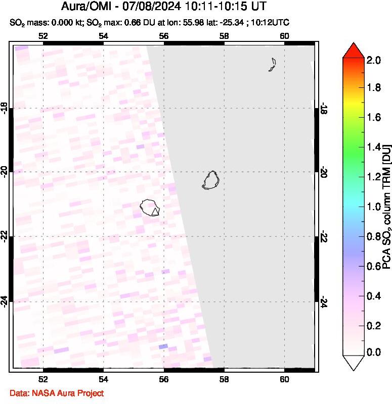 A sulfur dioxide image over Reunion Island, Indian Ocean on Jul 08, 2024.