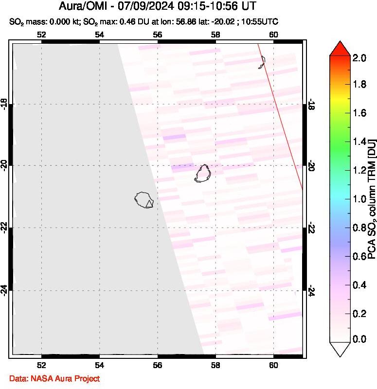 A sulfur dioxide image over Reunion Island, Indian Ocean on Jul 09, 2024.