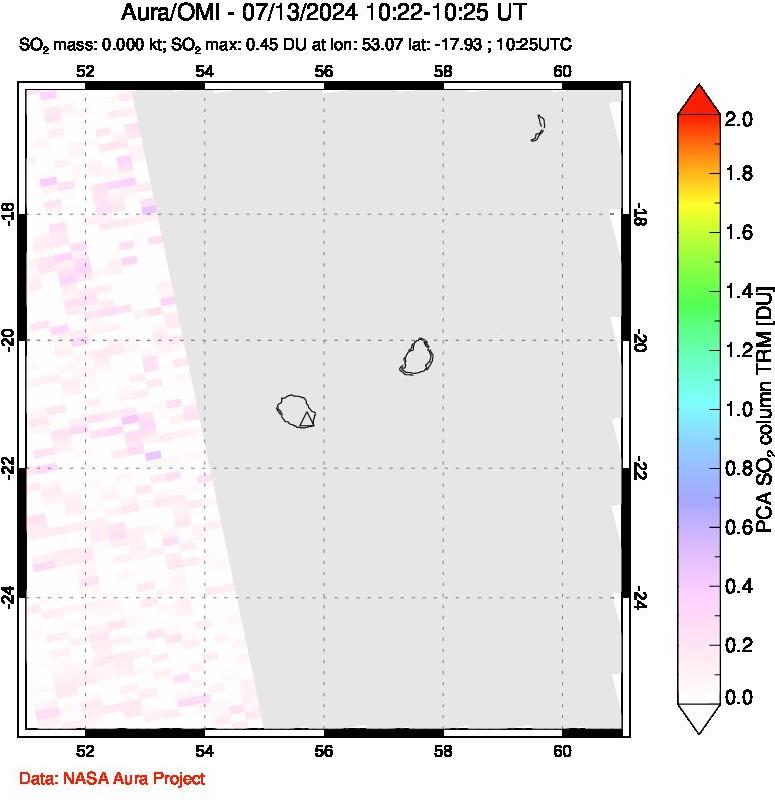 A sulfur dioxide image over Reunion Island, Indian Ocean on Jul 13, 2024.