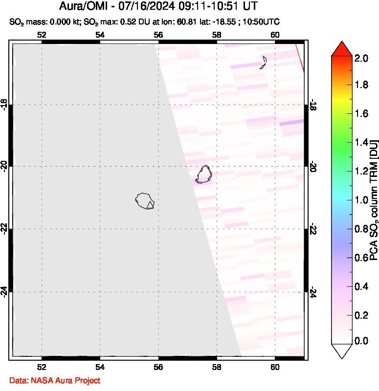 A sulfur dioxide image over Reunion Island, Indian Ocean on Jul 16, 2024.