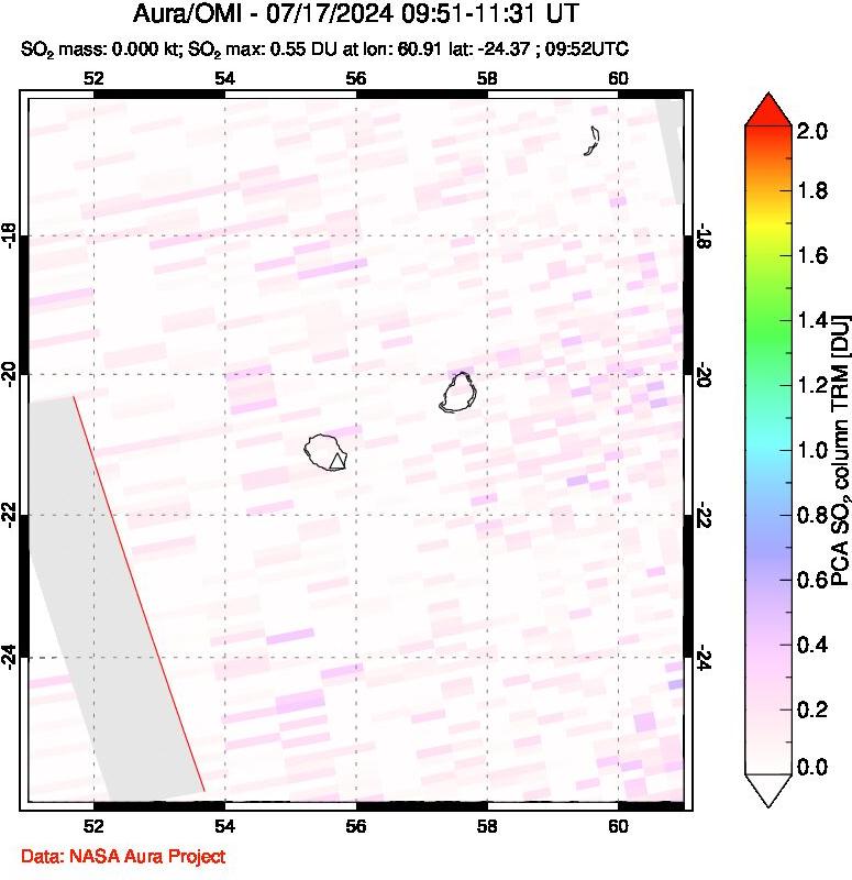 A sulfur dioxide image over Reunion Island, Indian Ocean on Jul 17, 2024.