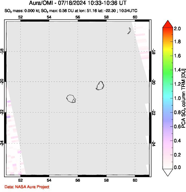 A sulfur dioxide image over Reunion Island, Indian Ocean on Jul 18, 2024.