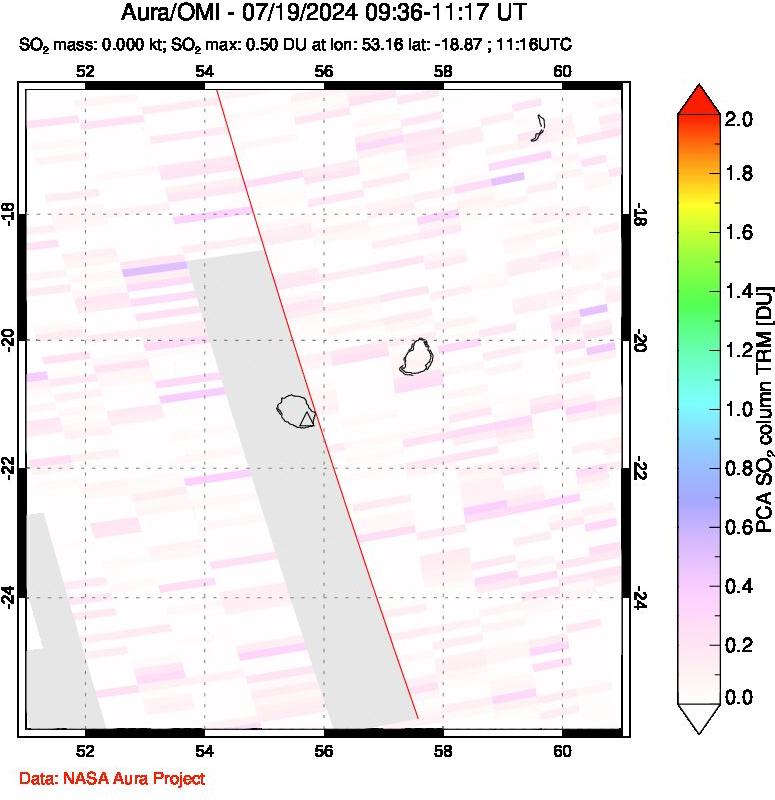 A sulfur dioxide image over Reunion Island, Indian Ocean on Jul 19, 2024.