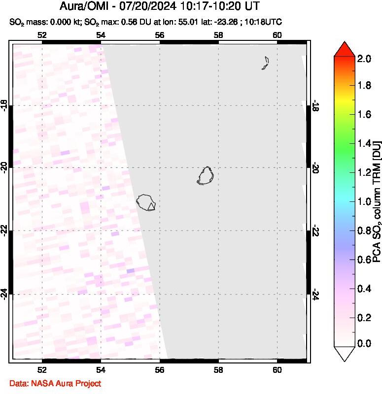 A sulfur dioxide image over Reunion Island, Indian Ocean on Jul 20, 2024.