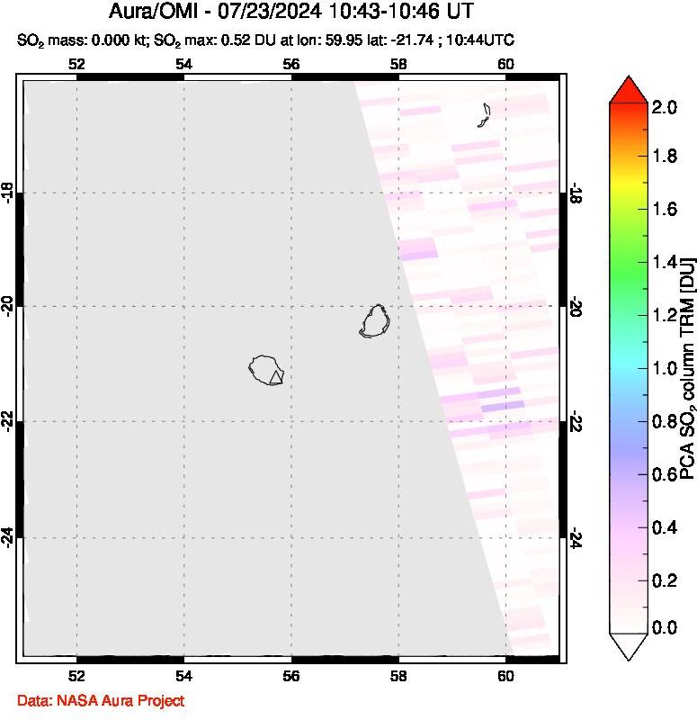 A sulfur dioxide image over Reunion Island, Indian Ocean on Jul 23, 2024.