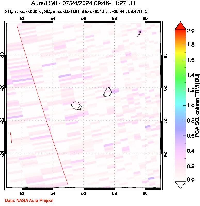 A sulfur dioxide image over Reunion Island, Indian Ocean on Jul 24, 2024.