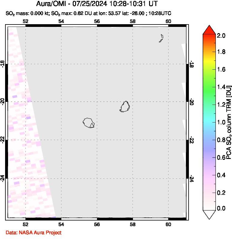 A sulfur dioxide image over Reunion Island, Indian Ocean on Jul 25, 2024.