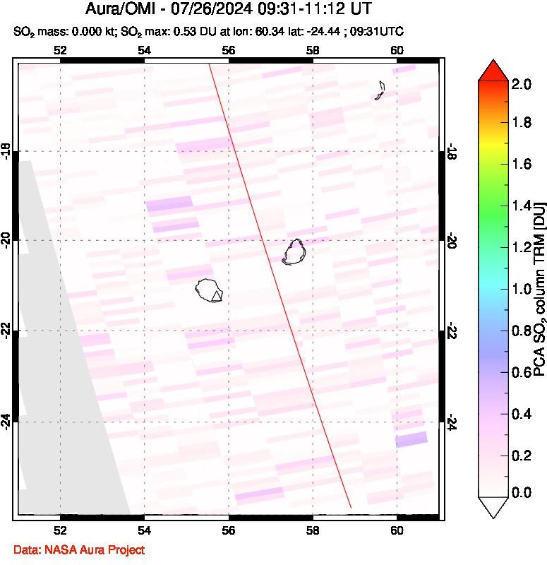 A sulfur dioxide image over Reunion Island, Indian Ocean on Jul 26, 2024.