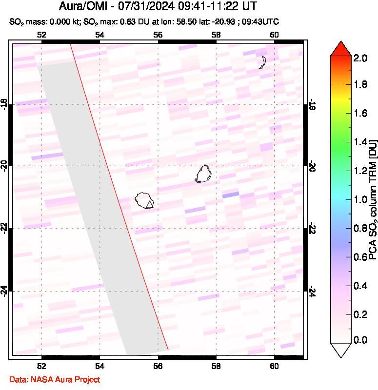 A sulfur dioxide image over Reunion Island, Indian Ocean on Jul 31, 2024.