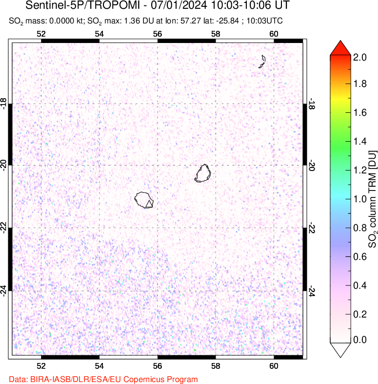 A sulfur dioxide image over Reunion Island, Indian Ocean on Jul 01, 2024.