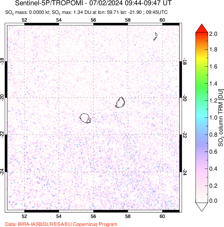 A sulfur dioxide image over Reunion Island, Indian Ocean on Jul 02, 2024.