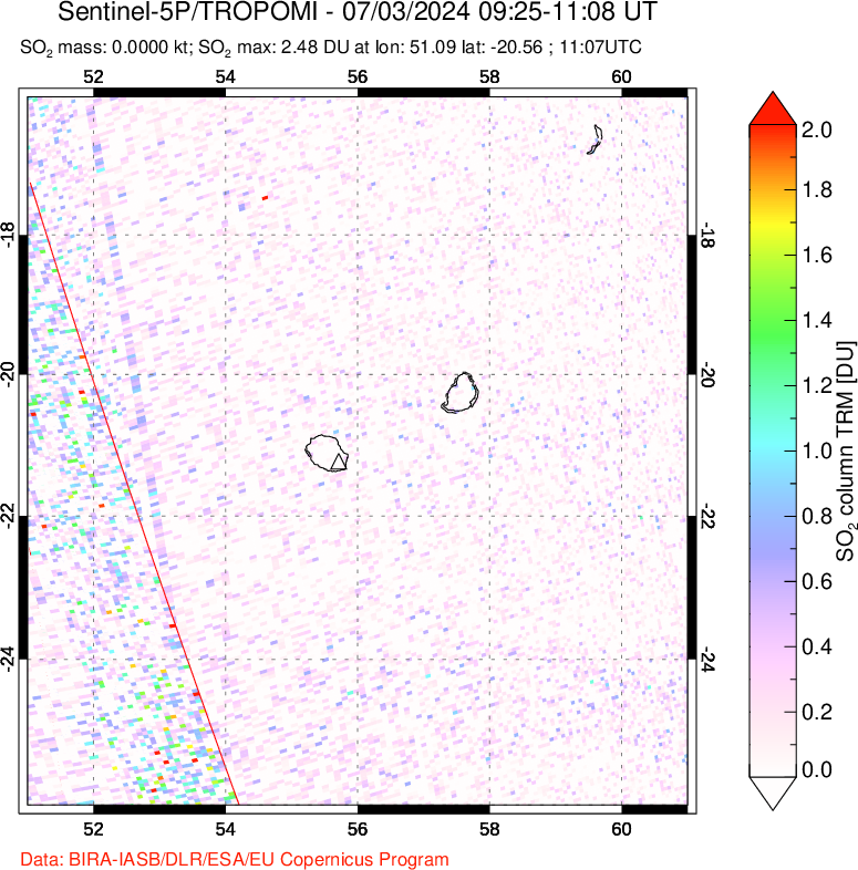 A sulfur dioxide image over Reunion Island, Indian Ocean on Jul 03, 2024.