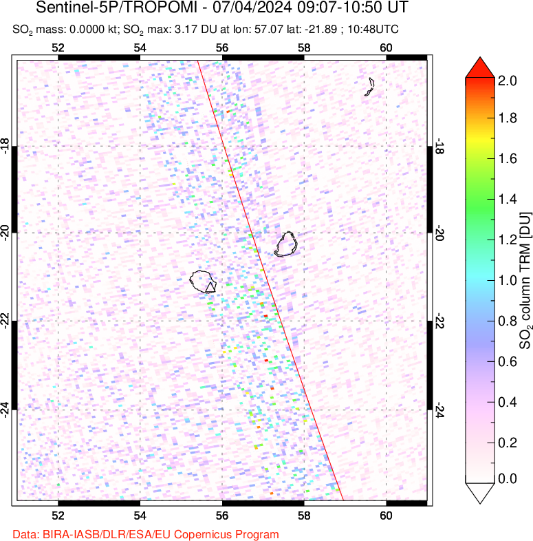 A sulfur dioxide image over Reunion Island, Indian Ocean on Jul 04, 2024.