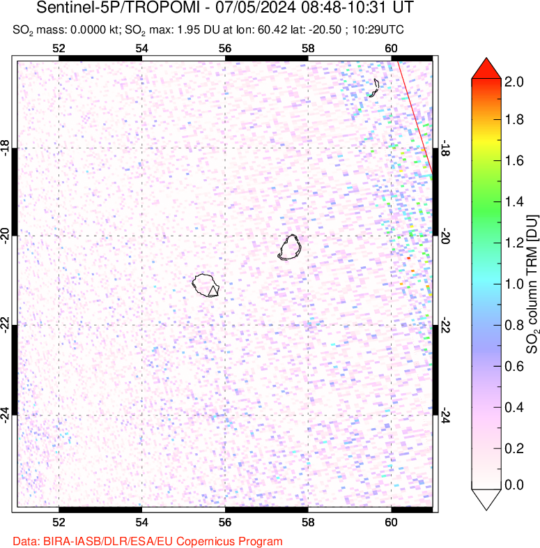 A sulfur dioxide image over Reunion Island, Indian Ocean on Jul 05, 2024.