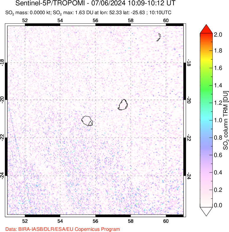 A sulfur dioxide image over Reunion Island, Indian Ocean on Jul 06, 2024.