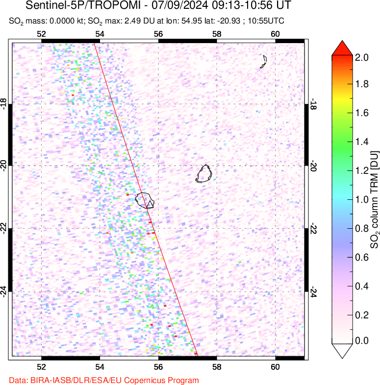 A sulfur dioxide image over Reunion Island, Indian Ocean on Jul 09, 2024.