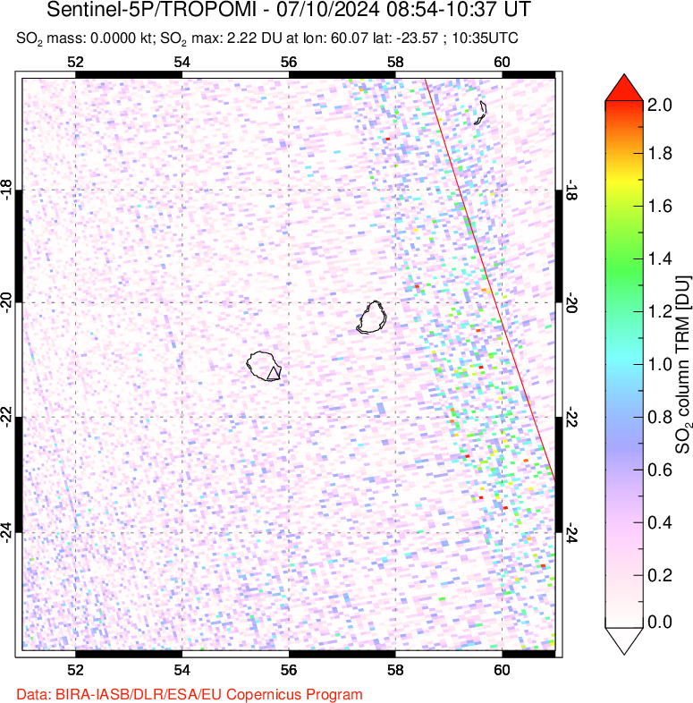 A sulfur dioxide image over Reunion Island, Indian Ocean on Jul 10, 2024.