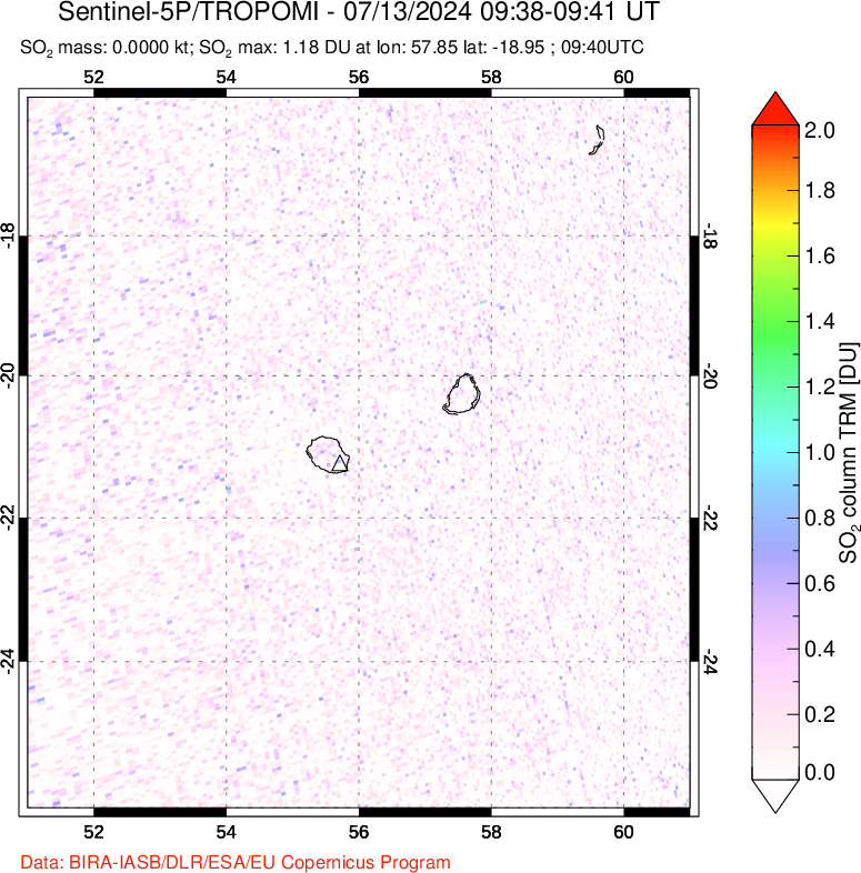 A sulfur dioxide image over Reunion Island, Indian Ocean on Jul 13, 2024.