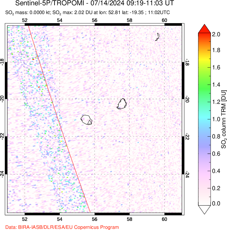 A sulfur dioxide image over Reunion Island, Indian Ocean on Jul 14, 2024.