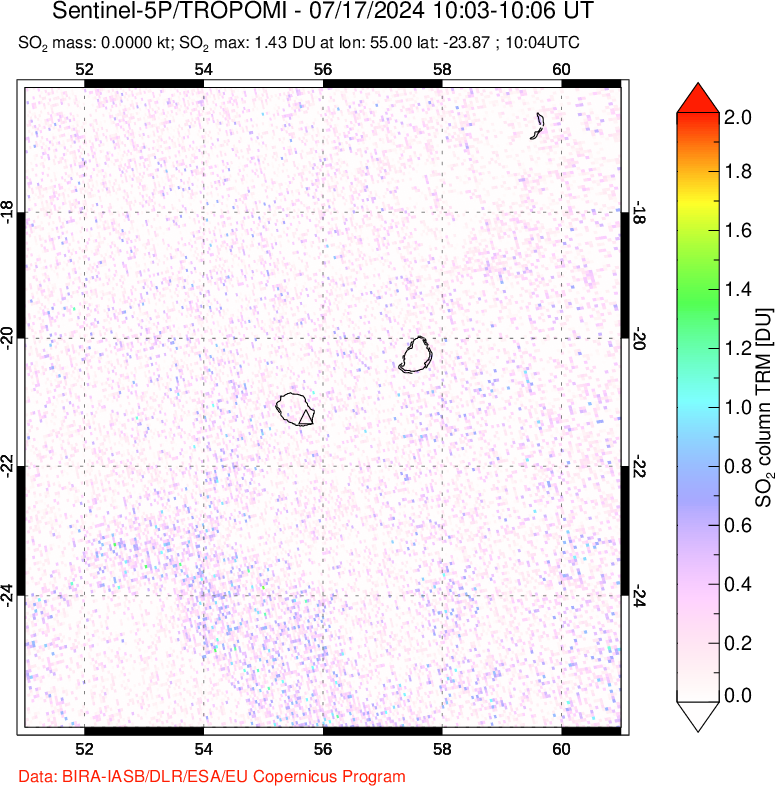 A sulfur dioxide image over Reunion Island, Indian Ocean on Jul 17, 2024.