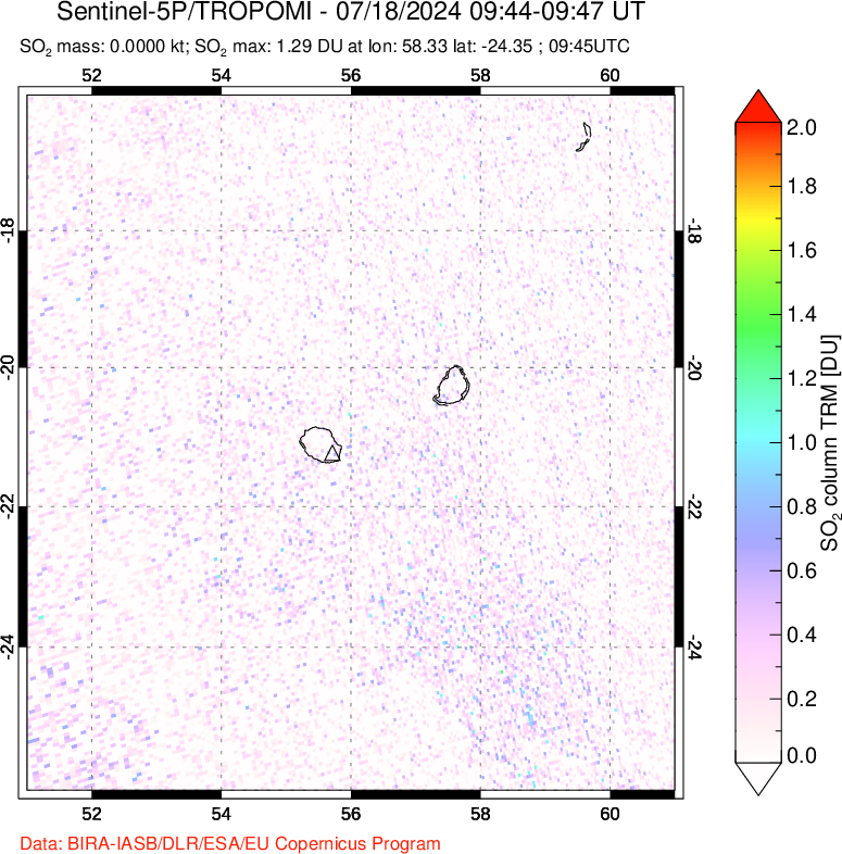 A sulfur dioxide image over Reunion Island, Indian Ocean on Jul 18, 2024.