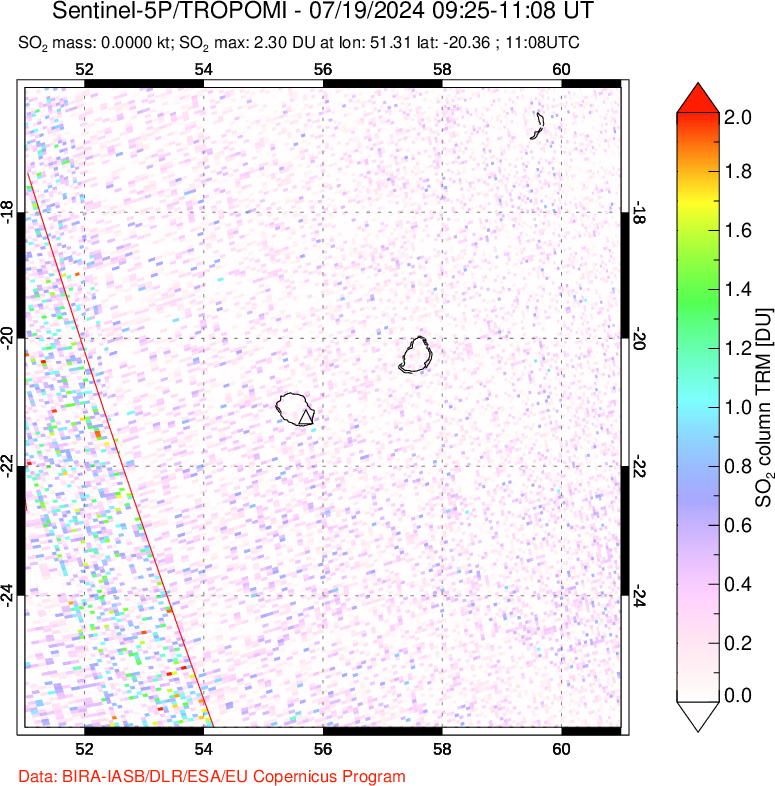 A sulfur dioxide image over Reunion Island, Indian Ocean on Jul 19, 2024.