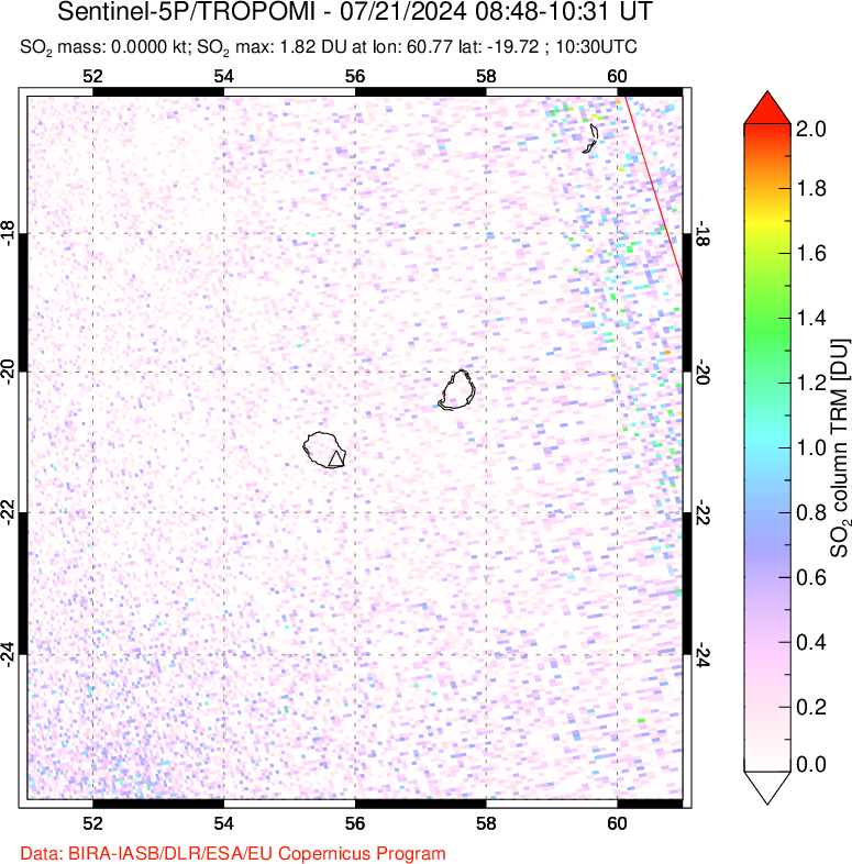 A sulfur dioxide image over Reunion Island, Indian Ocean on Jul 21, 2024.