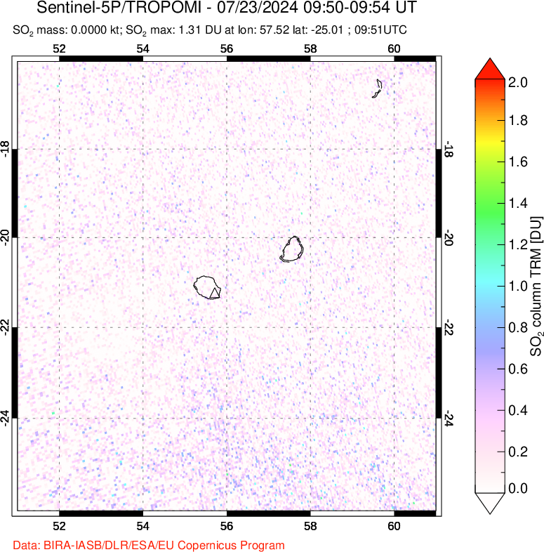 A sulfur dioxide image over Reunion Island, Indian Ocean on Jul 23, 2024.