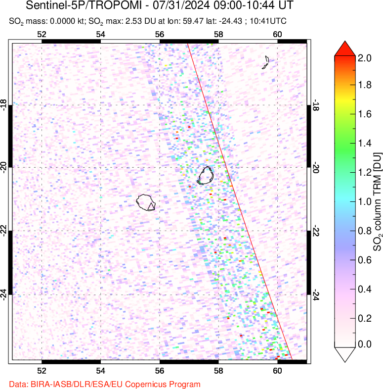 A sulfur dioxide image over Reunion Island, Indian Ocean on Jul 31, 2024.