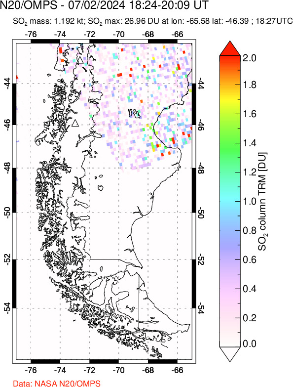 A sulfur dioxide image over Southern Chile on Jul 02, 2024.