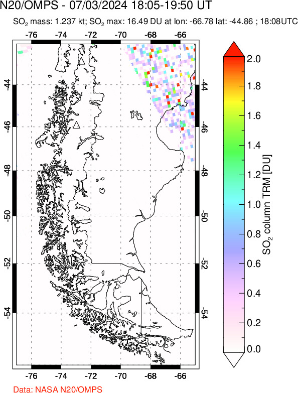 A sulfur dioxide image over Southern Chile on Jul 03, 2024.