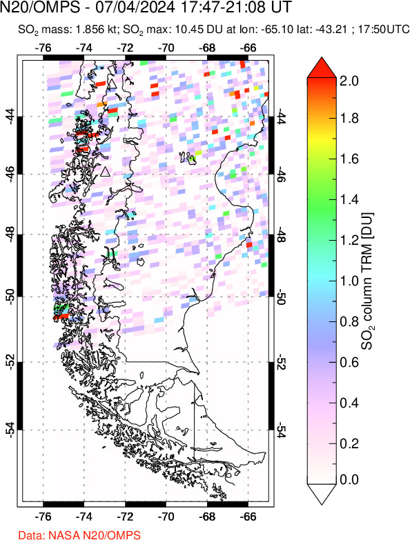 A sulfur dioxide image over Southern Chile on Jul 04, 2024.