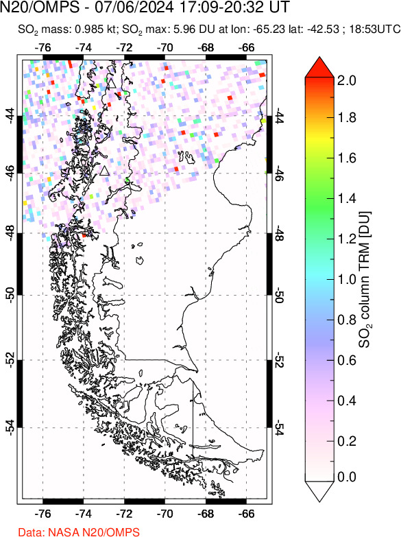 A sulfur dioxide image over Southern Chile on Jul 06, 2024.