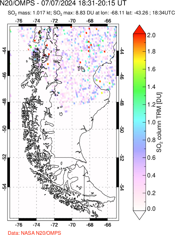 A sulfur dioxide image over Southern Chile on Jul 07, 2024.