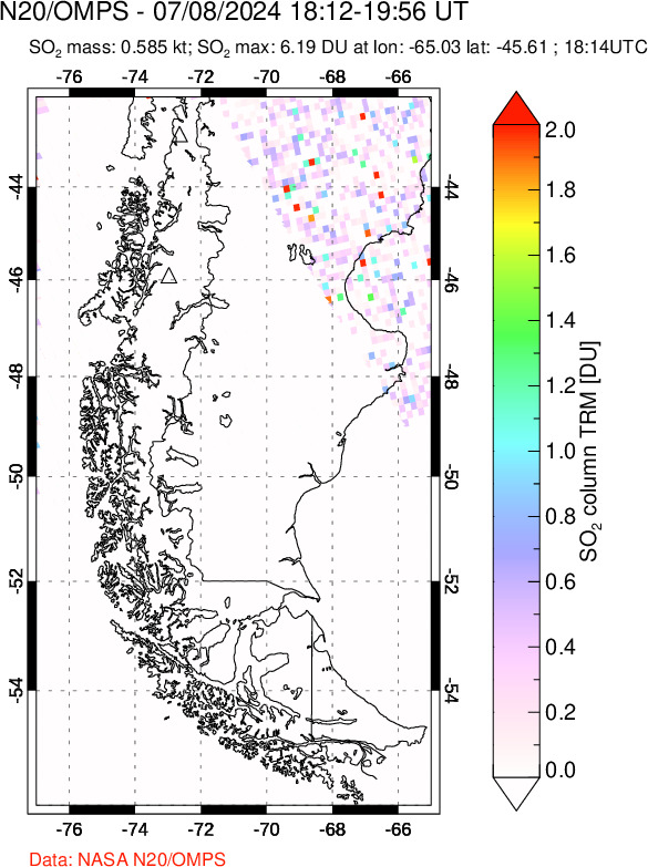 A sulfur dioxide image over Southern Chile on Jul 08, 2024.