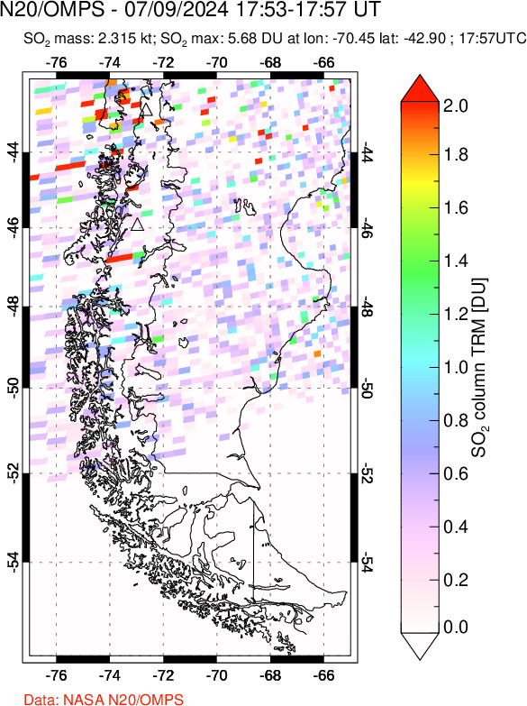 A sulfur dioxide image over Southern Chile on Jul 09, 2024.