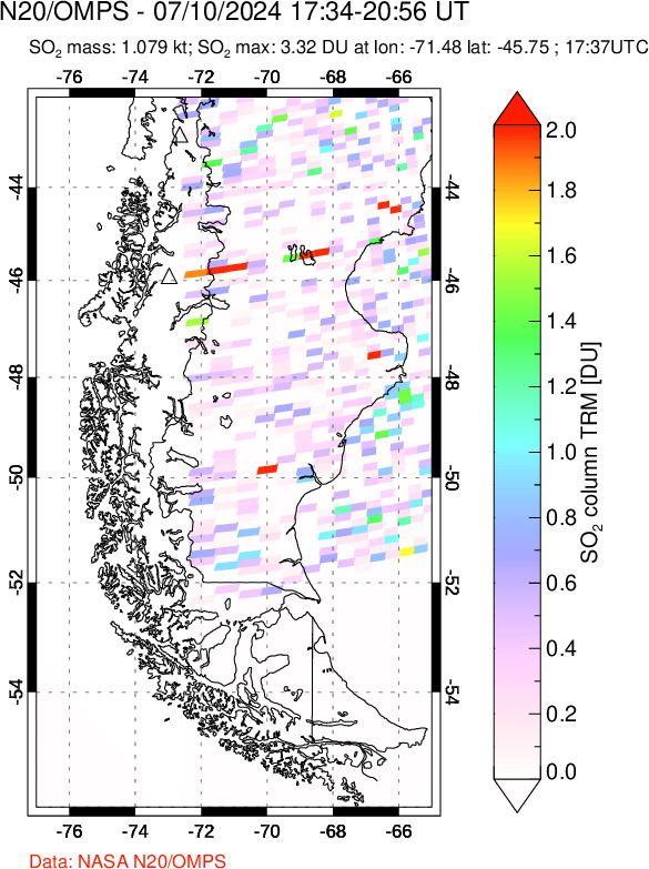 A sulfur dioxide image over Southern Chile on Jul 10, 2024.