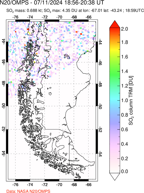 A sulfur dioxide image over Southern Chile on Jul 11, 2024.