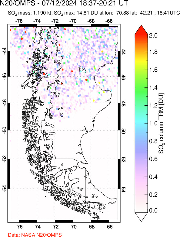 A sulfur dioxide image over Southern Chile on Jul 12, 2024.