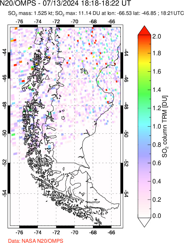 A sulfur dioxide image over Southern Chile on Jul 13, 2024.