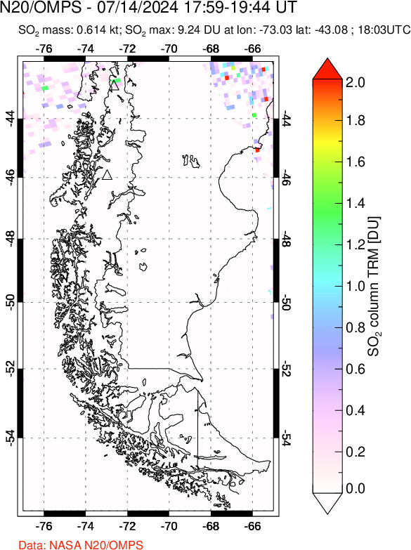 A sulfur dioxide image over Southern Chile on Jul 14, 2024.