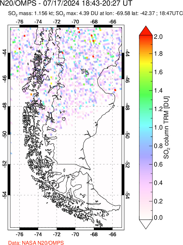 A sulfur dioxide image over Southern Chile on Jul 17, 2024.